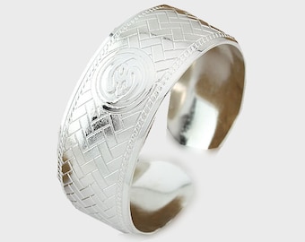 Herringbone Silver Cuff Bracelet, Silver Bangle Bracelet for Women, Bohemian Jewelry, Wide Floral Bracelet