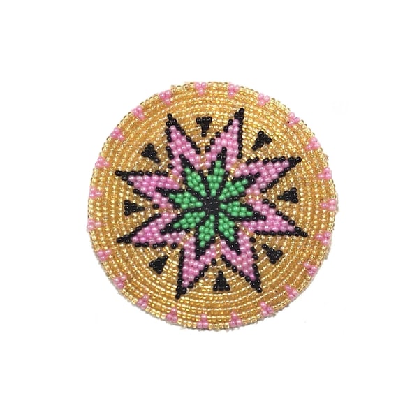 2.5 inch Seed Beaded Rosette, Pink and Green Morning Star Medallion