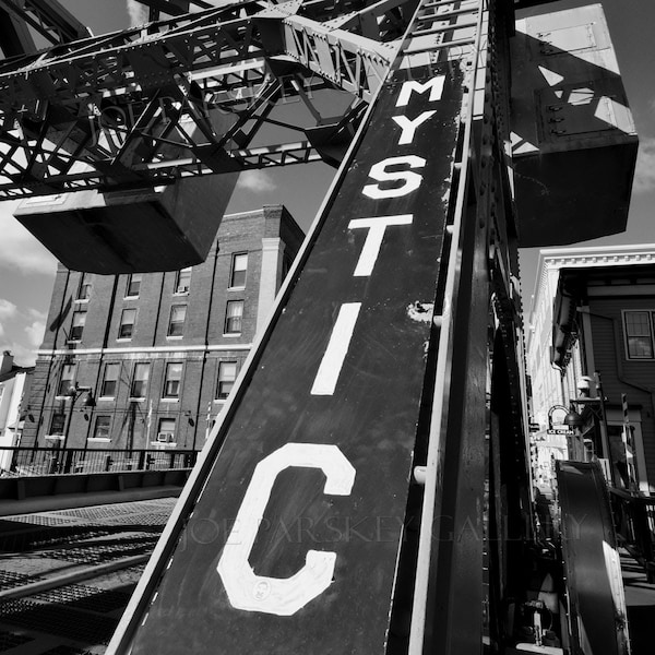 Mystic drawbridge in black and white, Mystic, CT, Connecticut, landmark, monochrome, graphic photo, ct photo, archival print, signed