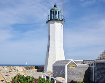 Scituate Lighthouse Photography Print, Beach Roses, Coastal Decor