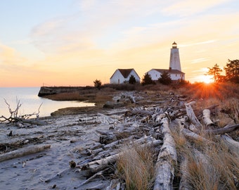 Sunrise at Lynde Point Lighthouse, Old Saybrook, Connecticut, New England, beach, coastal, East Coast, shore, archival print, signed