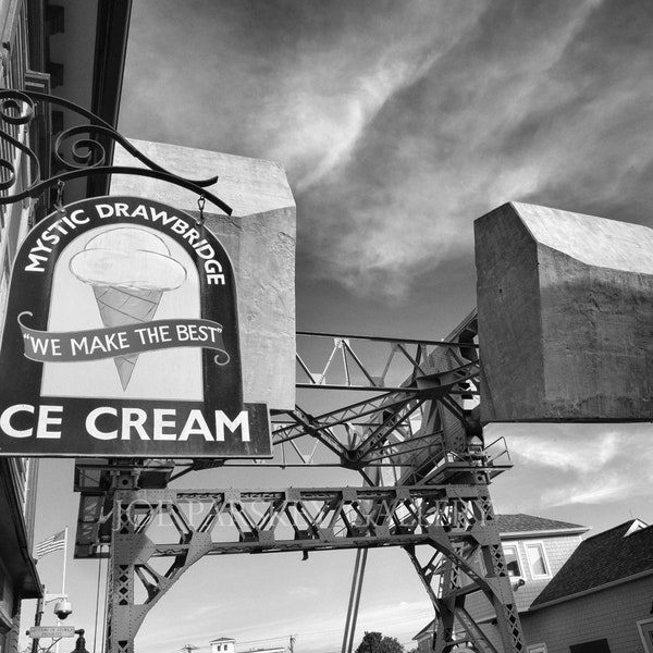 Mystic Drawbridge Ice Cream shop, iconic Mystic, CT, Connecticut, river, landmark, ct photos, black and white, archival print, signed