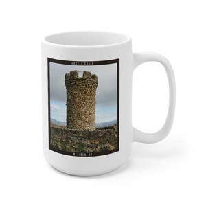 May include: White ceramic mug with a brown border around a photo of a stone tower with the text "CASTLE CRAIG MERIDEN, CT" printed below the photo.