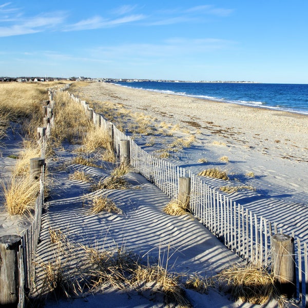 Pretty view of dune fences at Duxbury Beach, Massachusetts, beach photos, ocean, seashore, New England, east coast, archival signed print