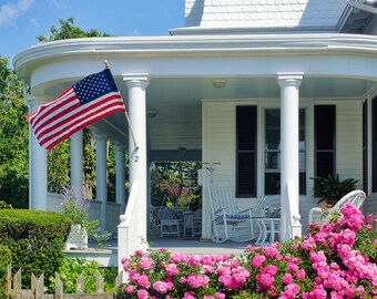 Watch Hill, Westerly, Rhode Island, porch, roses, American flag, beach house, New England, cottage decor, wall art, archival print, signed