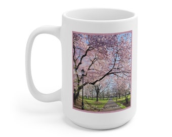 Springtime beauty at Wooster Square, New Haven, CT, Ceramic Mug 15oz. Connecticut, April, cherry blossoms, Spring, springtime, New England