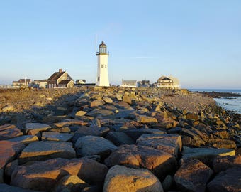 May include: A white lighthouse with a black roof stands on a rocky shore. The lighthouse is surrounded by a few small buildings and a rocky beach. The sky is blue and the water is calm.
