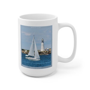 Boston Light sailing, Boston, MA, Ceramic Mug 15oz