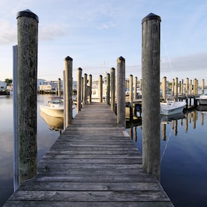 Early morning, dock view on Mystic River, Mystic, Connecticut, CT shore, river, boats, reflections, New England, archival print, signed