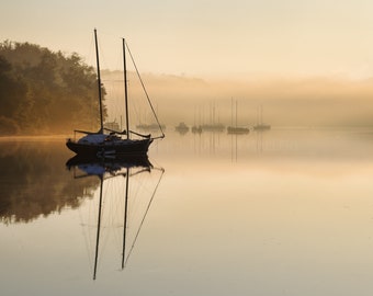 Golden morning at Connecticut River, Middletown, CT, riverscape, sunrise, moody, boats, New England, harbor, archival print, signed