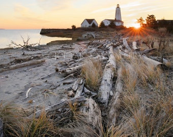December sunrise at Lynde Point Light, Old Saybrook, Connecticut, vertical, shore, beach, East Coast, New England, archival print, signed