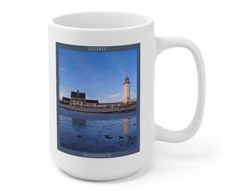 Low tide, Scituate Light, Scituate, MA, white ceramic mug, 15 oz