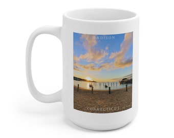 Sunrise at West Wharf Beach, Madison, Connecticut, 15 oz. white mug