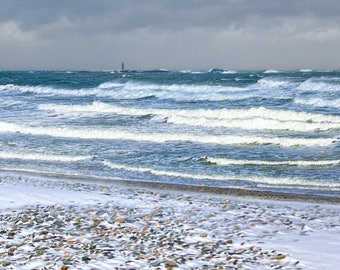 Belleza de invierno, foto de playa, South Shore, Boston, Minot Light, océano, surf, mar, decoración náutica, decoración de la casa, archivo, impresión firmada