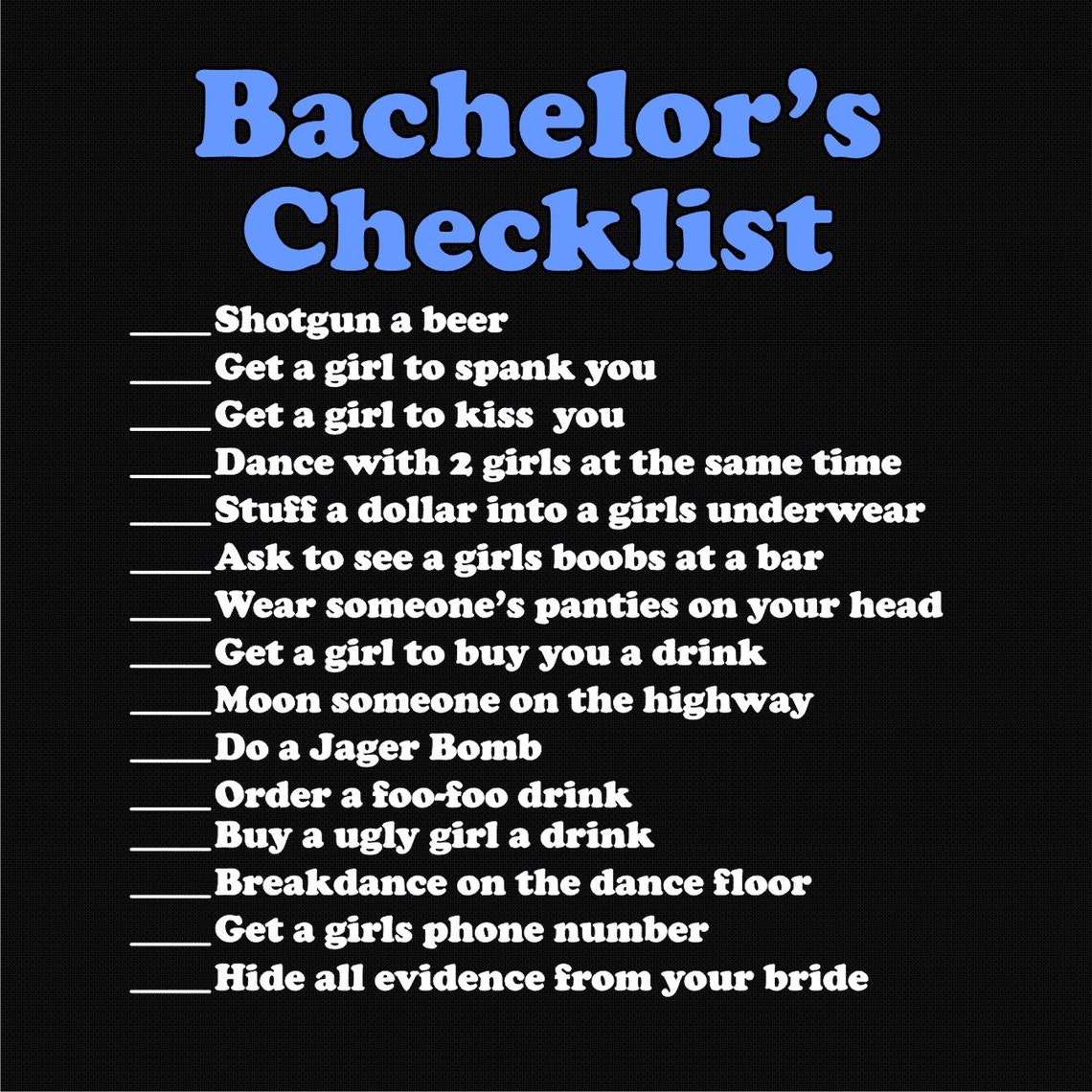 Bachelor's Checklist TShirt Parties Wedding Groom Party Etsy