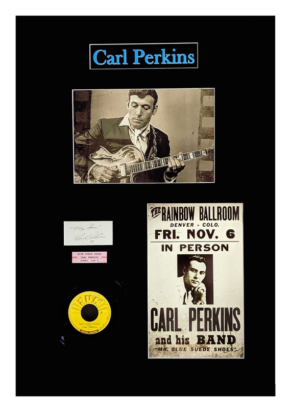 CARL PERKINS matted signed cut card "Blue Suede Shoes" framed ready to hang