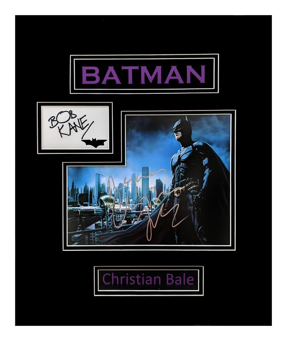 Batman Signed By Christian Bale and Card Signed by Bob Kane Museum Framed