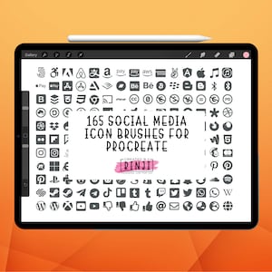 May include: A digital tablet screen displaying a collection of 165 social media icon brushes for the Procreate app. The icons are in black and white and are arranged in a grid. The text "165 Social Media Icon Brushes for Procreate" is displayed in the centre of the screen. The text "Created by Rinji" is displayed in a pink box below the icons.