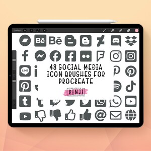 May include: A digital tablet screen displaying 48 social media icon brushes for Procreate, created by Rinji. The icons are in black and white and include popular platforms such as Facebook, Instagram, Twitter, and YouTube.