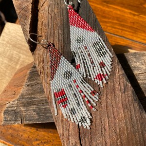 Gray and Red Funky Fringed Beaded Dangle Earrings