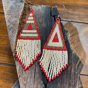 Red and Cream Geometric Beaded Earrings