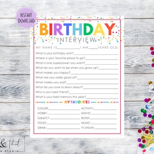 Birthday Interview Printable | Kids Printable Birthday Questionnaire | Kids Yearly Interview | Kids Birthday Keepsake | Digital Download