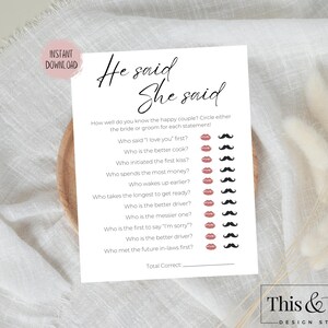 He Said She Said Bridal Shower Game Printable | Bride or Groom Game | Bridal Shower Game Printable | Bridal Shower Trivia | Digital Download