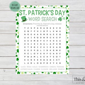 St. Patrick&#39;s Day Word Search Printable | St. Patty&#39;s Day Party & Activity Game Printable | March Word Search Print Game | Digital Download