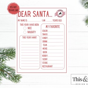 Lieber Santa Weihnachtsbrief | Leere Weihnachts Wunschliste zum Ausdrucken | Weihnachten Kinderwunschbuch | Hinweis für Santa | Digitaler Download