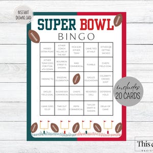Le Big Game Bingo 20 CARTES | Jeu de société Super Bowl LIX | Jeu de bingo de football des Chiefs contre les Eagles | Super Bowl 2025 imprimable | Téléchargement numérique