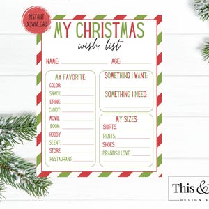 Weihnachten Wunschliste leere druckbare Vorlage | Weihnachten Kinder Wunschliste zum Ausdrucken | Brief an Santa | Lieber Weihnachtsmann Printable | Digitaler Download
