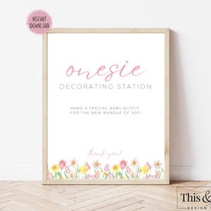 Onesie Decorating Station Sign Printable | Decorate Onesie for Baby Shower Sign | Baby Shower Activity Sign Spring Floral | Digital Download