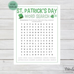 St. Patrick&#39;s Day Word Search Printable | St. Patty&#39;s Day Party & Activity Game Printable | March Word Search Print Game | Digital Download