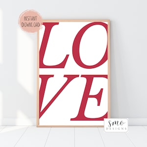 Valentine&#39;s Day LOVE Red Printable | Simple Valentine&#39;s Day Decor | Valentine Printable Sign | Valentine Wall Art | Digital Download