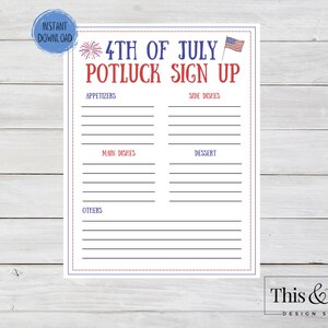 Fourth of July Printable Potluck Sign Up Sheet | July 4th Sign Up | Potluck Sign Up Sheet Printable | Potluck List Work | Digital Download