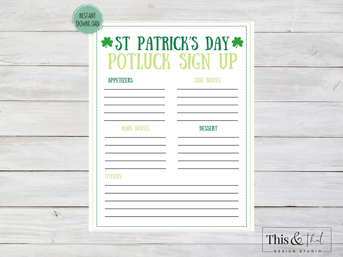 St Patrick's Day Printable Potluck Sign up Sheet | Party Sign up ...