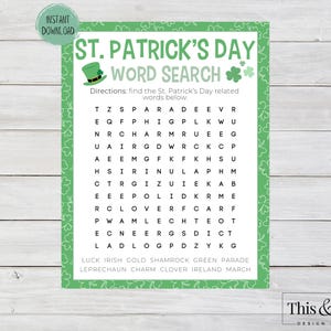 St. Patrick&#39;s Day Word Search Printable | St. Patty&#39;s Day Party & Activity Game Printable | March Word Search Print Game | Digital Download