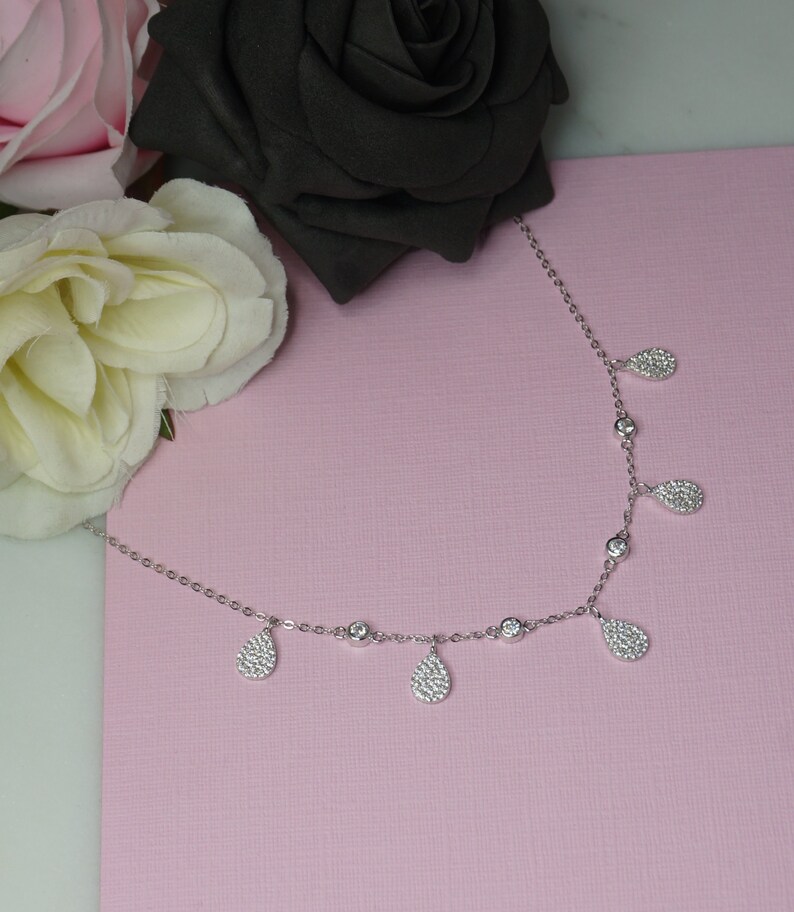 Sterling silver micro pave teardrop collar necklace