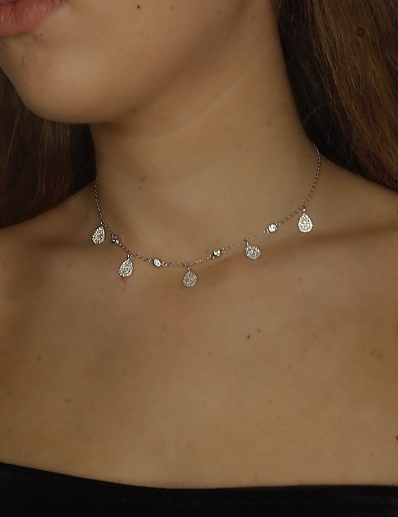 Sterling silver micro pave teardrop collar necklace