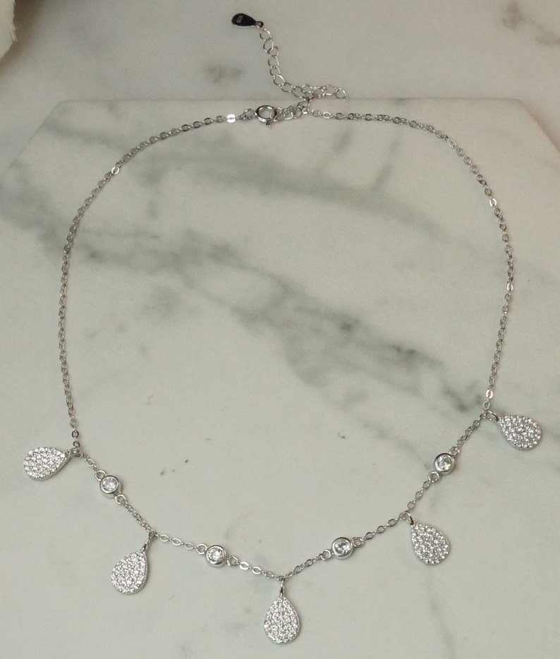 Sterling silver micro pave teardrop collar necklace