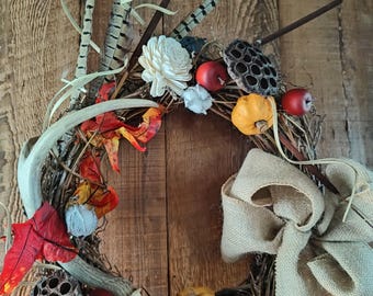 Couronne automnale en bois de cerf et vigne pour chalet ou chalet de montagne ! Décoration murale intérieure pour la ferme rustique !
