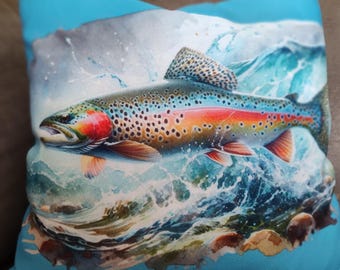 Coussin sur le thème de la pêche Coussin carré truite pour cabane ou chalet en rondins Accessoires de pêche pour la maison Cadeau pour les amateurs de truite et les amateurs de plein air