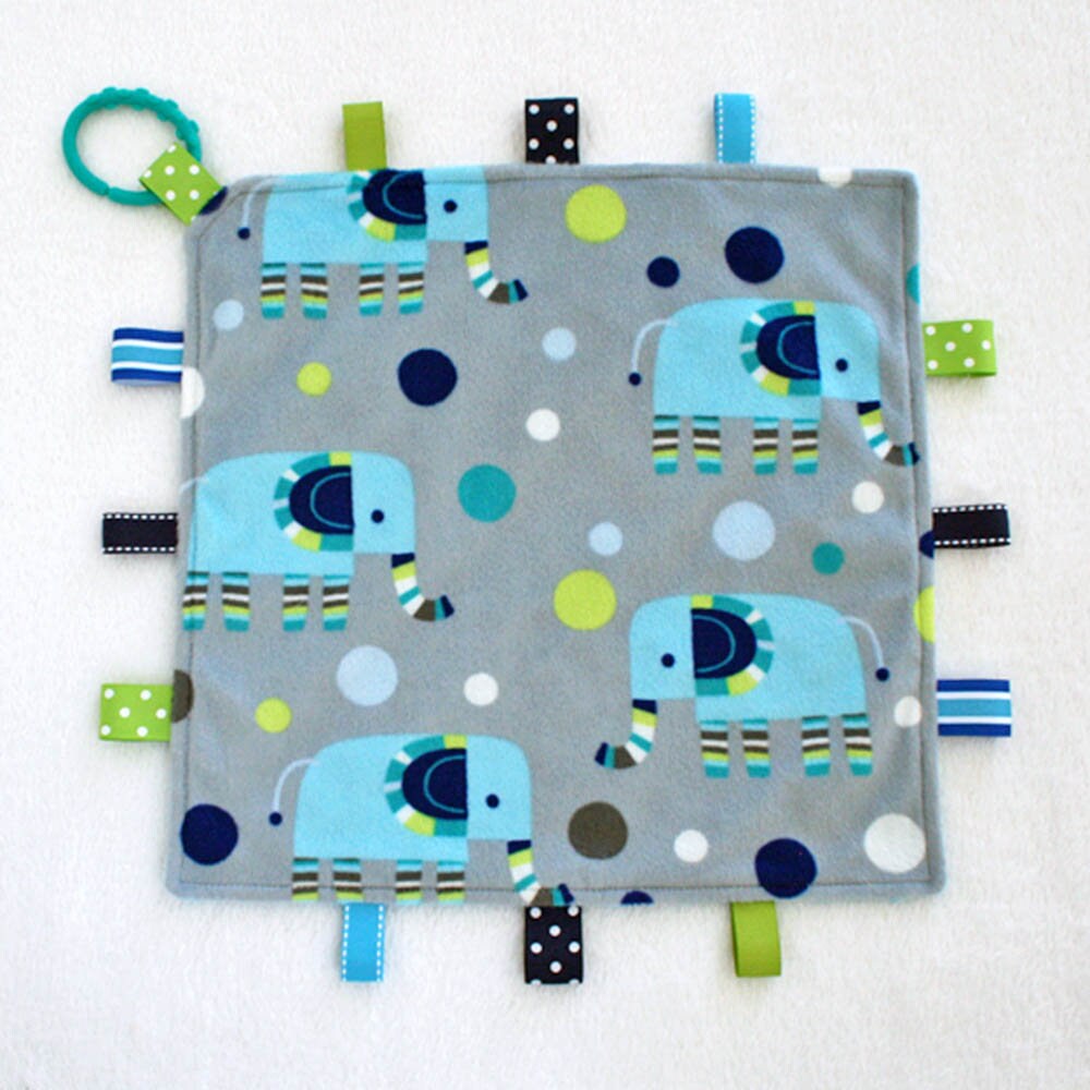 Baby Taggie Blanket. Tag Blanket. Baby Lovey. Elephant Blanket. Ribbon