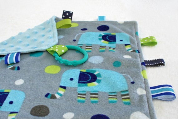 Baby Taggie Blanket. Tag Blanket. Baby Lovey. Elephant Blanket