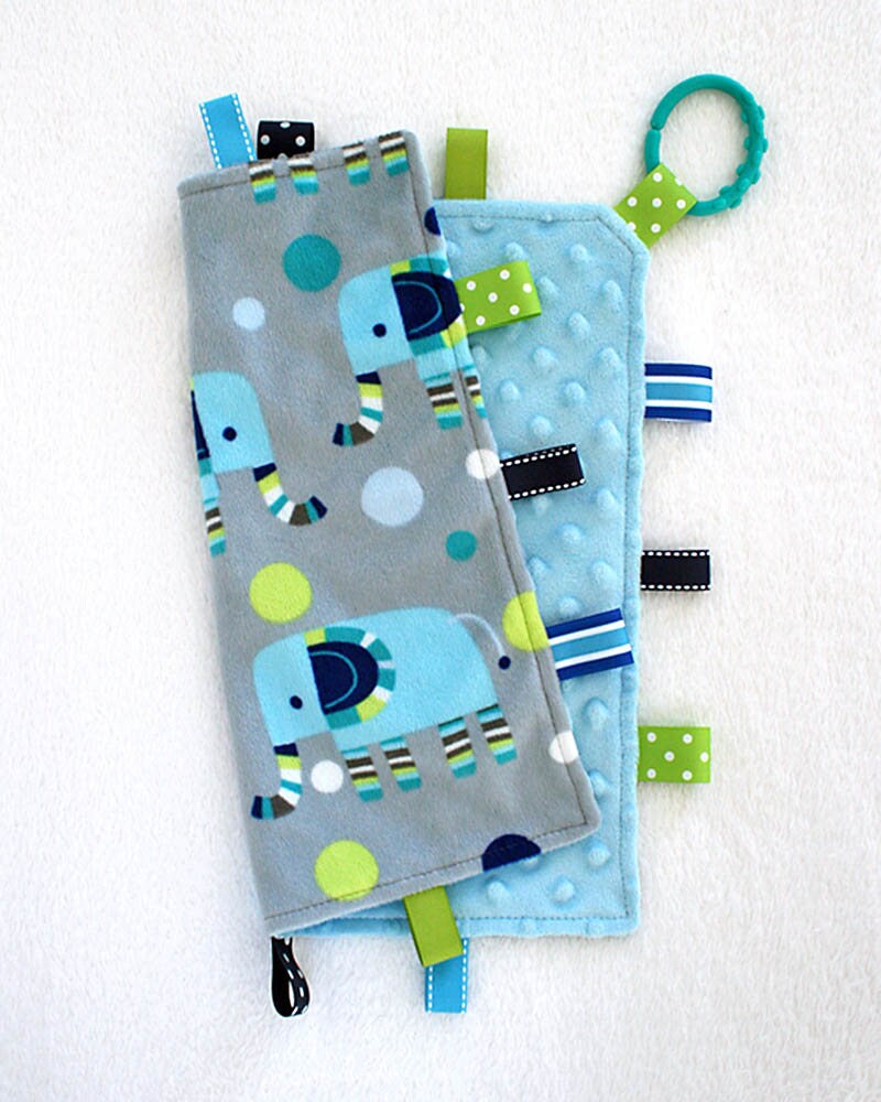 Baby Taggie Blanket. Tag Blanket. Baby Lovey. Elephant Blanket. Ribbon