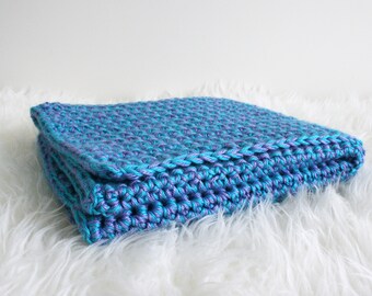 Crochet Baby Blanket, Gender Neutral Baby Gift, Travel Blanket, Baby Shower Gift, Blue Stroller Blanket, Turquoise and Purple Knit Blanket