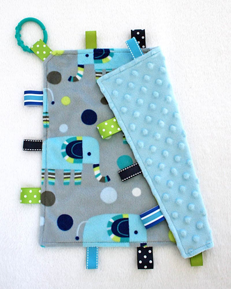 Baby Taggie Blanket. Tag Blanket. Baby Lovey. Elephant Blanket. Ribbon