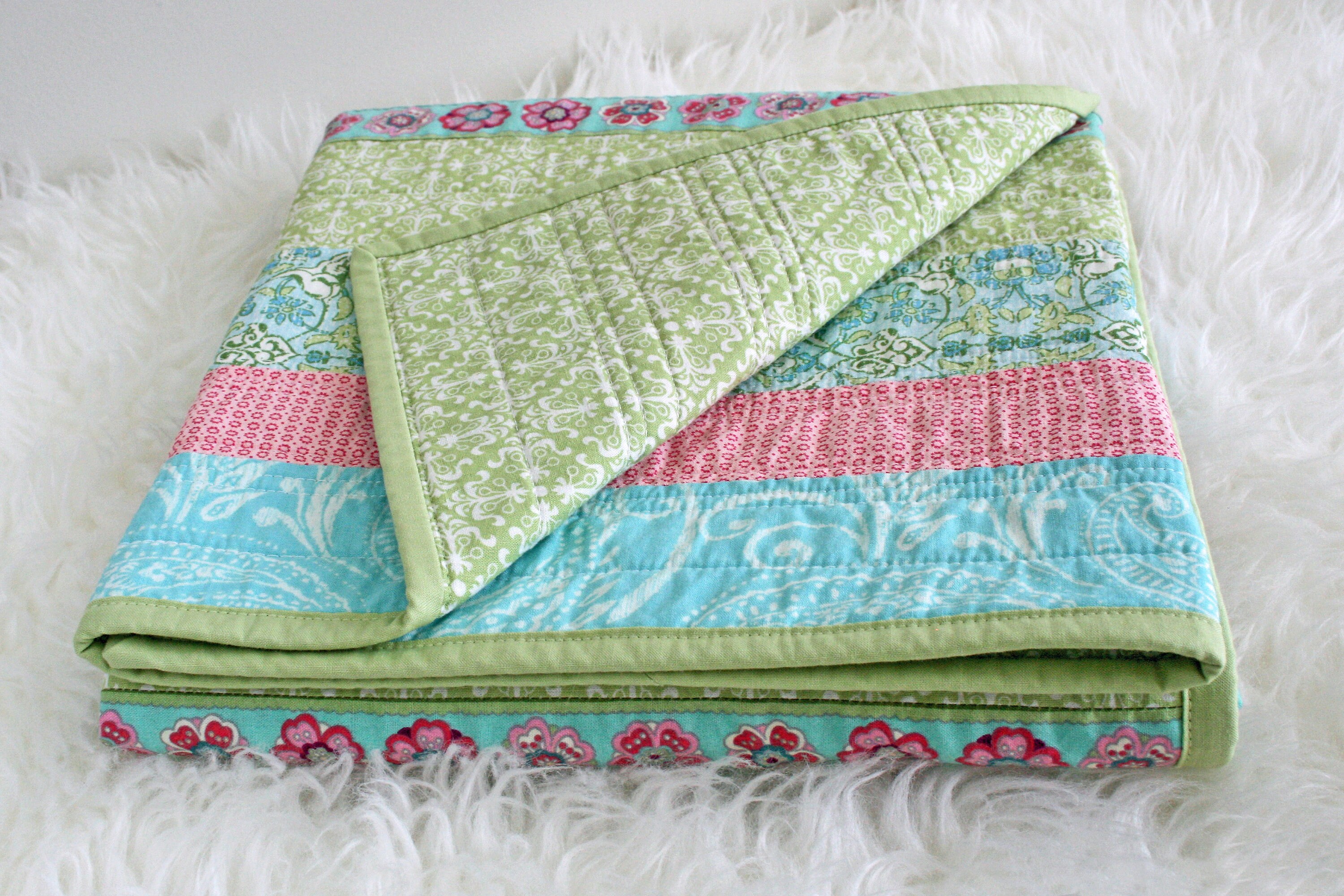 Crib Quilt for Baby Girl Pink Green and Blue Baby Blanket Etsy