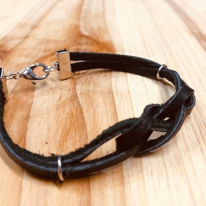 Black Leather Knotted Cord Bracelet, Black Leather Knotted Cord with Lobster Clasp, Black Leather in a Lovers Knot, Leather Bracelet, Black