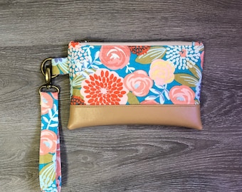 Wristlet Wallet, Cell Phone Wristlet Purse, Vegan Leather Wristlet Clutch, Handmade Fabric Wrist Strap Clutch Wallet, Floral Wrist Bag